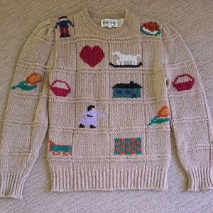 Vintage Ricki's Tan Crewneck Sweater with Colorful Patches